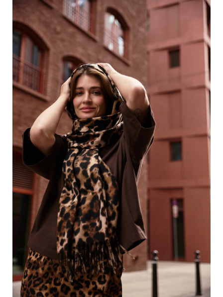 Moodo Šál v leopardím vzoru se střapci hnědý Moodo