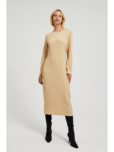 Moodo Béžové midi šaty s dlouhým rukávem Moodo
