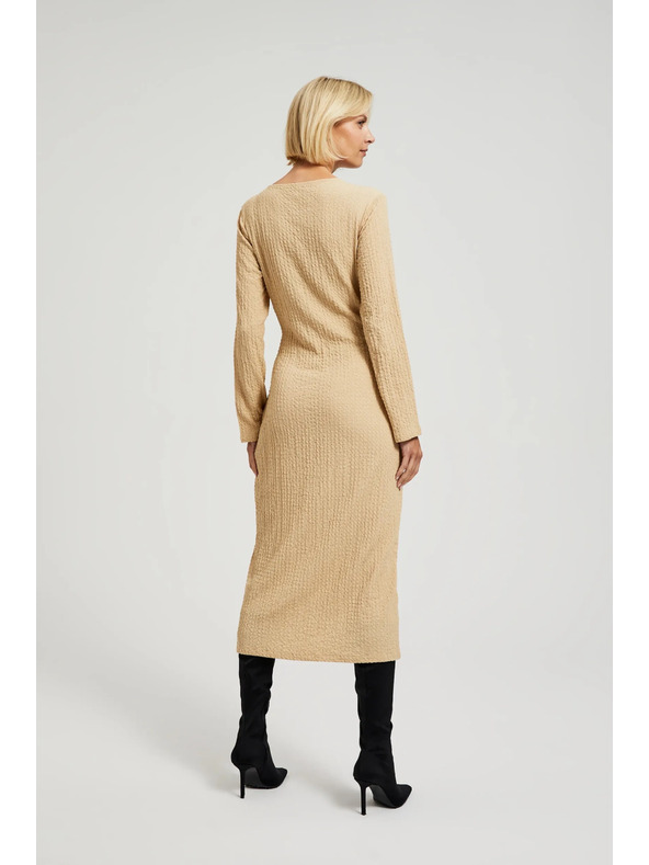 Moodo Béžové midi šaty s dlouhým rukávem Moodo