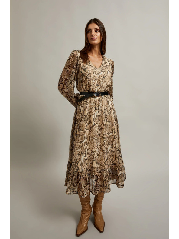 Moodo Béžové šaty s nafouklými rukávy a zvířecím vzorem Moodo