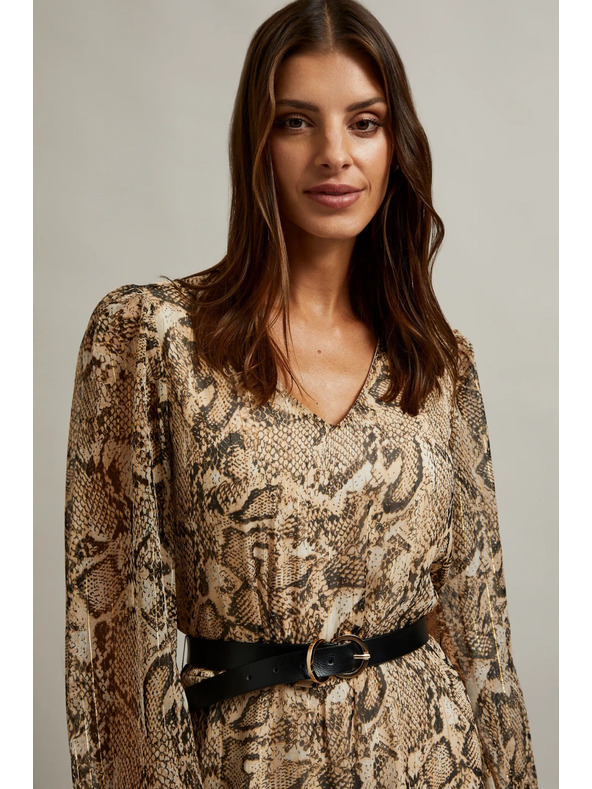 Moodo Béžové šaty s nafouklými rukávy a zvířecím vzorem Moodo