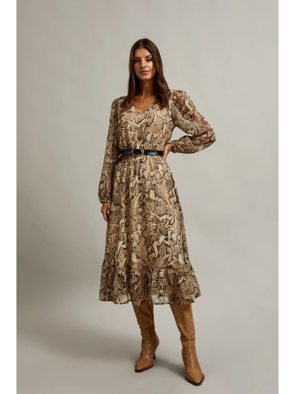 Moodo Béžové šaty s nafouklými rukávy a zvířecím vzorem Moodo
