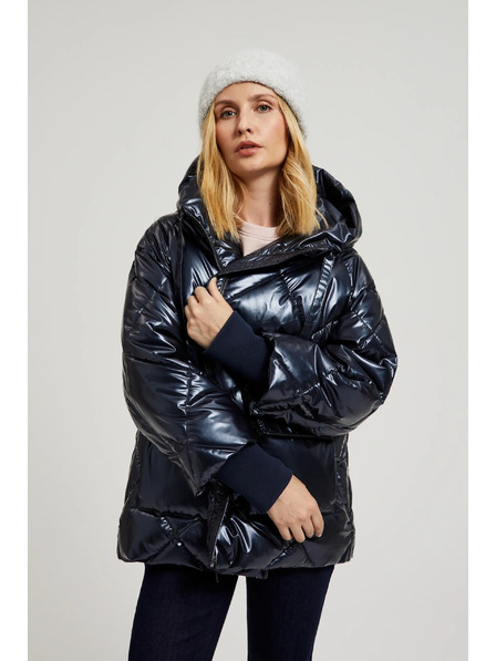 Moodo Prošívaná metalická bunda s kapucí tmavě modrá Moodo