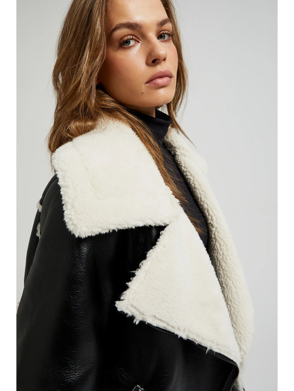 Moodo Černá bunda s kožešinovým límcem Moodo