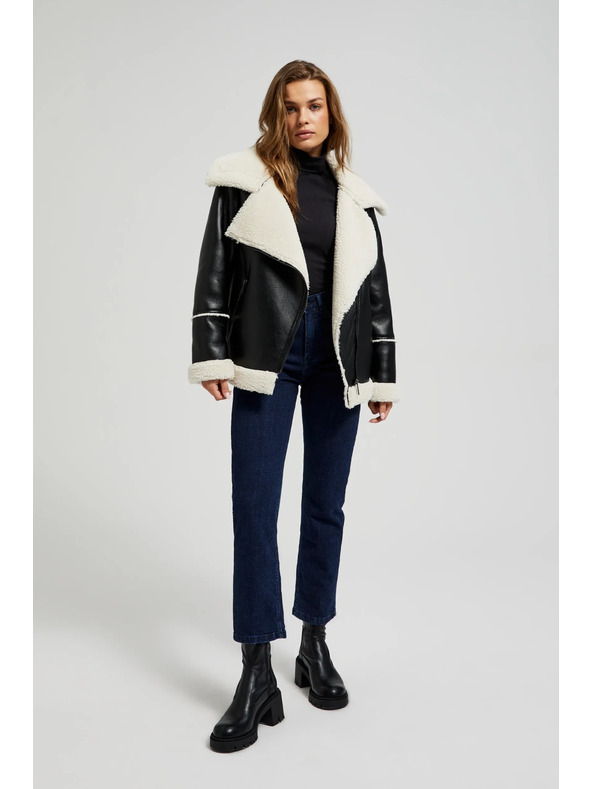 Moodo Černá bunda s kožešinovým límcem Moodo