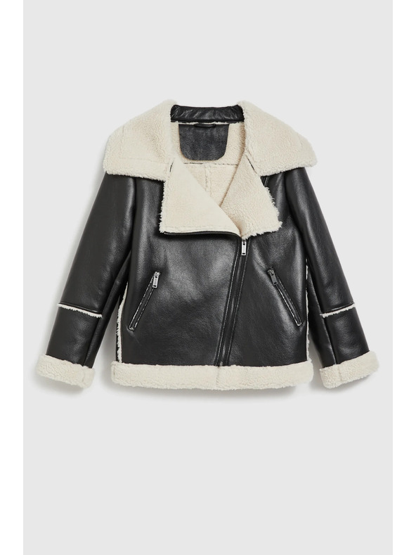 Moodo Černá bunda s kožešinovým límcem Moodo