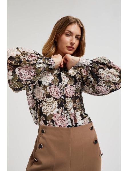 Moodo Plisovaná košile s květinovým vzorem a bublinkovými rukávy černá Moodo