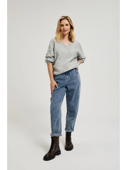 Moodo Hladký svetr s výstřihem do V a žebrováním šedý Moodo