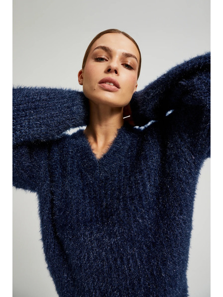 Moodo Chlupatý svetr s metalickou nití tmavě modrý Moodo