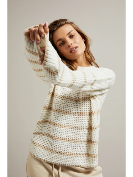 Moodo Béžový svetr s pruhy a kulatým výstřihem Moodo