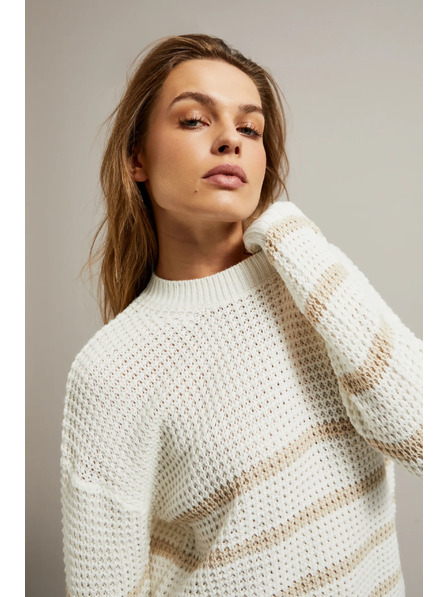 Moodo Béžový svetr s pruhy a kulatým výstřihem Moodo