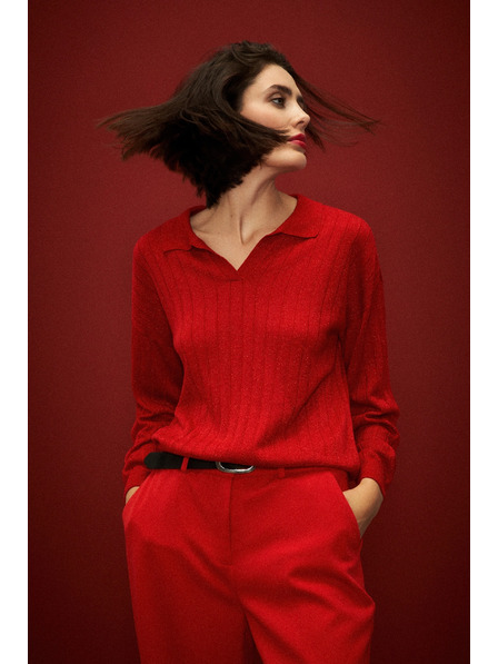 Moodo Svetr s límečkem a metalickou nití červený Moodo