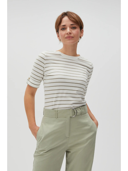 Moodo Olive Green Striped Blouse with Round Neckline Moodo