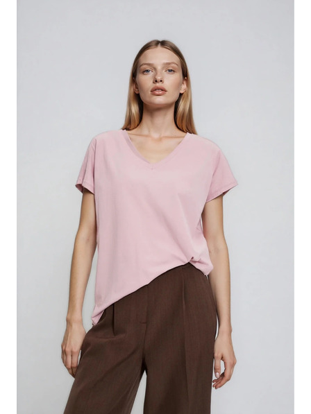 Moodo Bavlněné tričko s V výstřihem světle růžové Moodo