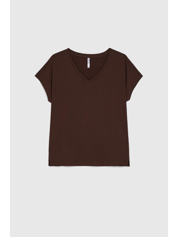 Moodo Bavlněné tričko s výstřihem do "V" hnědé Moodo
