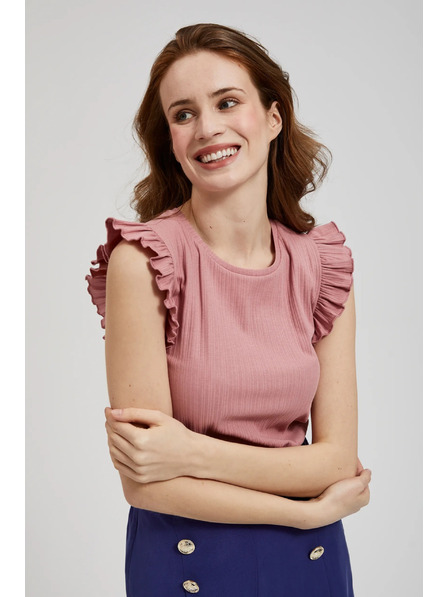 Moodo Žebrovaná halenka s volánkem na ramenou růžová Moodo