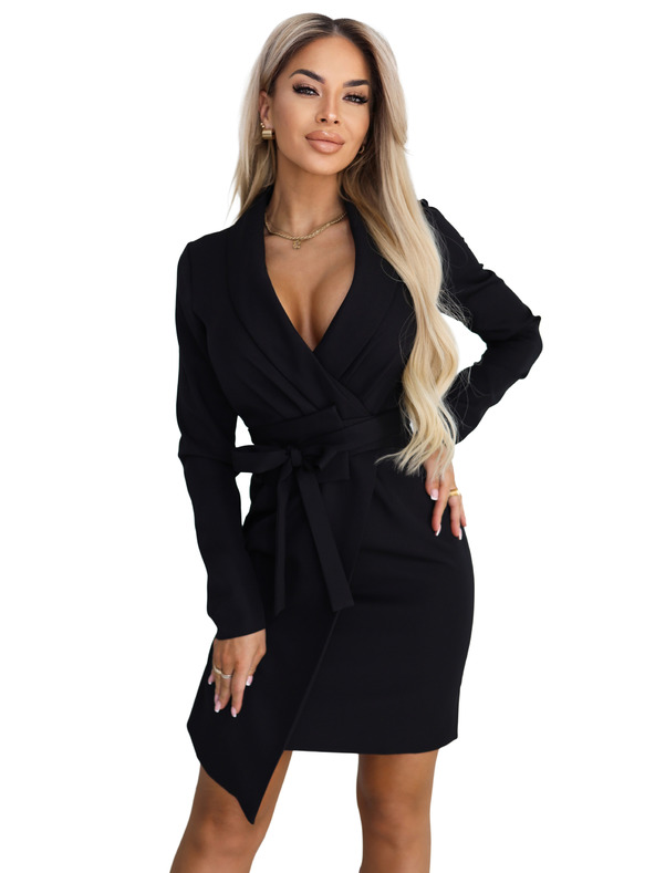 numoco Elegantní saková šaty s páskem a asymetrickým lemem - černé