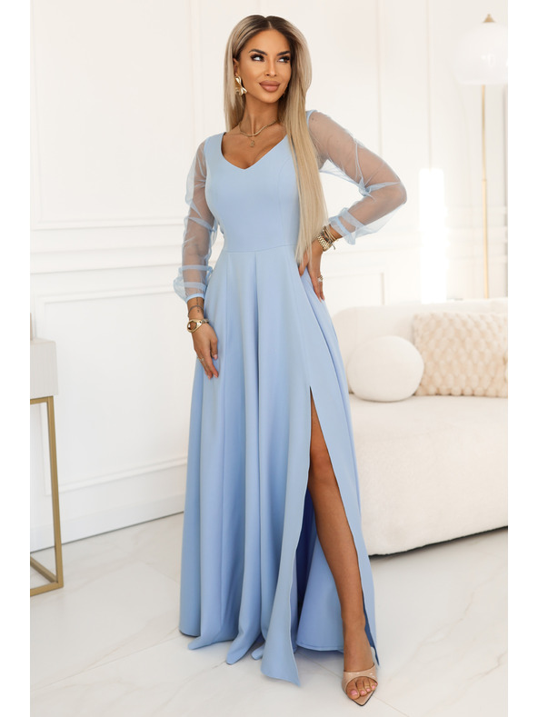 numoco LORETTA Jedinečné dlouhé šaty s týlovými rukávy a výstřihem - světle modré