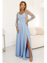 numoco LORETTA Jedinečné dlouhé šaty s týlovými rukávy a výstřihem - světle modré
