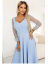 numoco LORETTA Jedinečné dlouhé šaty s týlovými rukávy a výstřihem - světle modré
