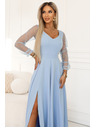 numoco LORETTA Jedinečné dlouhé šaty s týlovými rukávy a výstřihem - světle modré