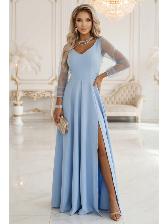 numoco LORETTA Jedinečné dlouhé šaty s týlovými rukávy a výstřihem - světle modré
