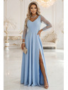 numoco LORETTA Jedinečné dlouhé šaty s týlovými rukávy a výstřihem - světle modré