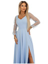 numoco LORETTA Jedinečné dlouhé šaty s týlovými rukávy a výstřihem - světle modré