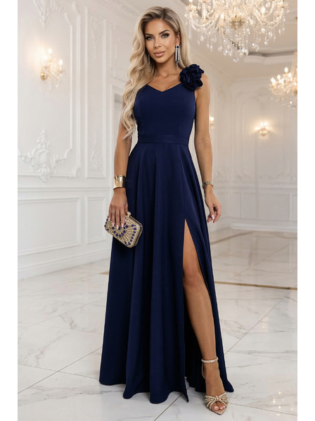 numoco Elegantní večerní maxi šaty s rozparkem a růžemi - námořnická modrá