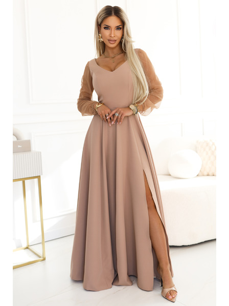 numoco LORETTA Jedinečné dlouhé šaty s týlovými rukávy a výstřihem - béžové