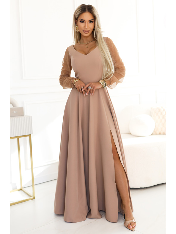 numoco LORETTA Jedinečné dlouhé šaty s týlovými rukávy a výstřihem - béžové