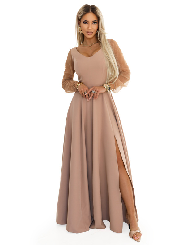 numoco LORETTA Jedinečné dlouhé šaty s týlovými rukávy a výstřihem - béžové