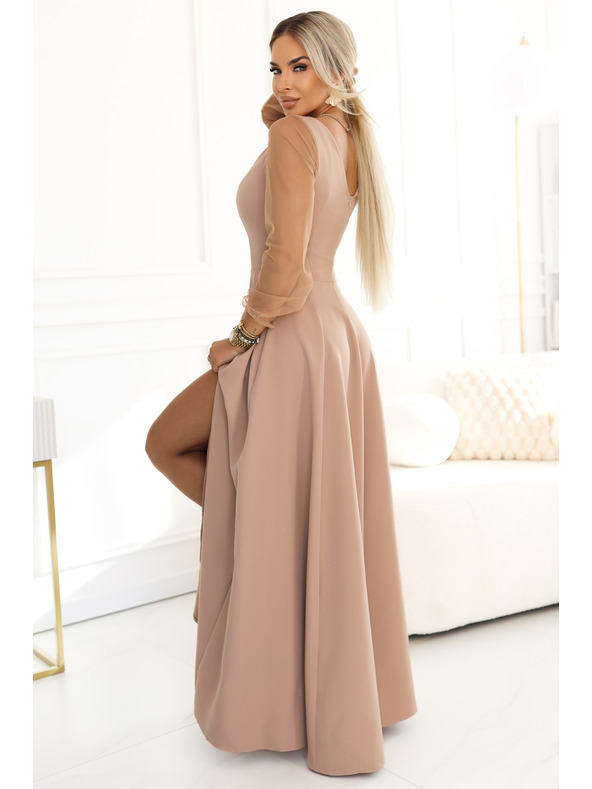 numoco LORETTA Jedinečné dlouhé šaty s týlovými rukávy a výstřihem - béžové