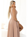 numoco LORETTA Jedinečné dlouhé šaty s týlovými rukávy a výstřihem - béžové