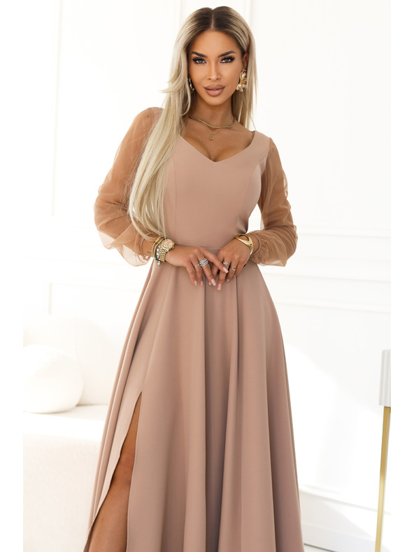 numoco LORETTA Jedinečné dlouhé šaty s týlovými rukávy a výstřihem - béžové