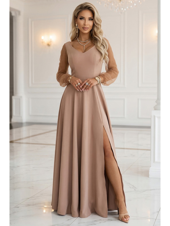 numoco LORETTA Jedinečné dlouhé šaty s týlovými rukávy a výstřihem - béžové