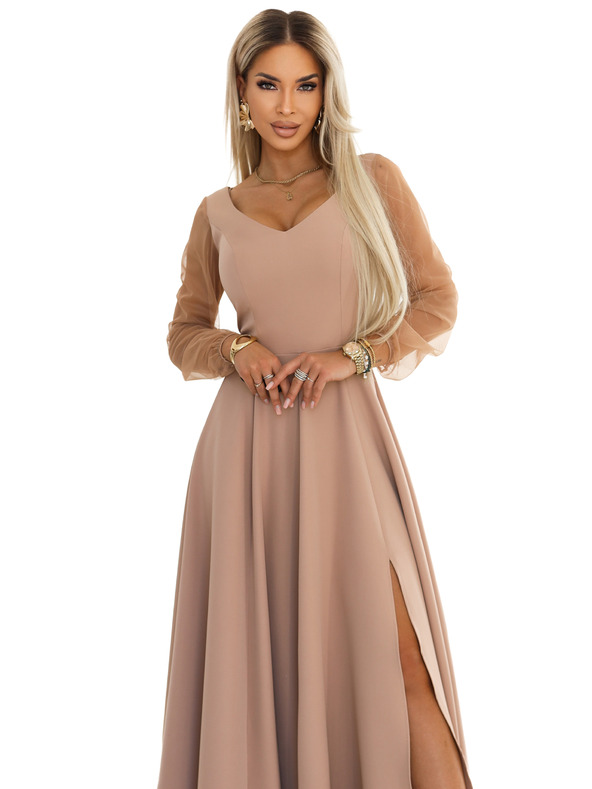 numoco LORETTA Jedinečné dlouhé šaty s týlovými rukávy a výstřihem - béžové