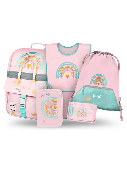 BAAGL  BAAGL SET 5 Zippy Duha růžový: aktovka, penál, sáček, zástěra, peněženka