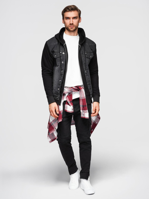 Ombre Clothing Pánská džínová bunda s pletenými rukávy a kapucí - černá V3 OM-JADJ-0220 Ombre Clothing