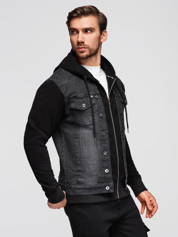 Ombre Clothing Pánská džínová bunda s pletenými rukávy a kapucí - černá V3 OM-JADJ-0220 Ombre Clothing