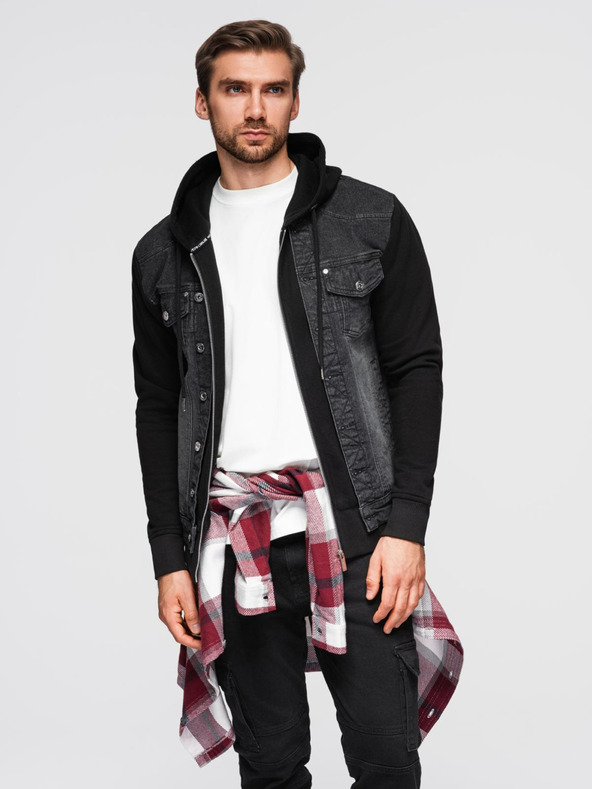 Ombre Clothing Pánská džínová bunda s pletenými rukávy a kapucí - černá V3 OM-JADJ-0220 Ombre Clothing