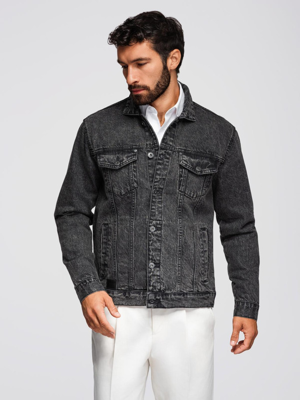 Ombre Clothing Pánská džínová bunda katana s lemem - černá V3 OM-JADJ-0219 Ombre Clothing