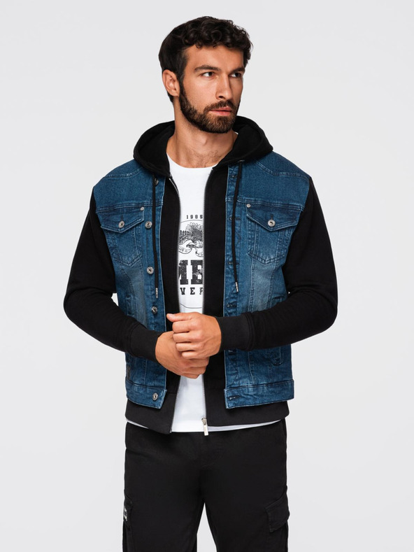 Ombre Clothing Pánská džínová bunda s pletenými rukávy a kapucí - modrá a černá V2 OM-JADJ-0220 Ombre Clothing
