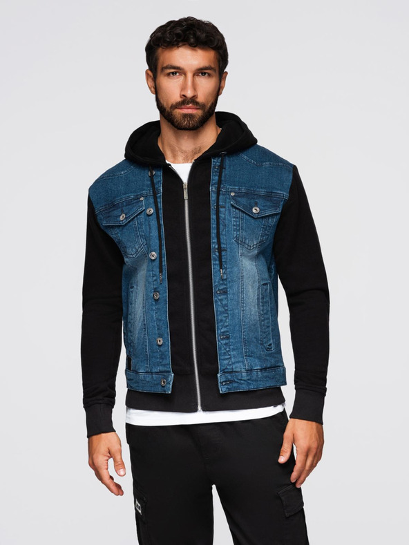 Ombre Clothing Pánská džínová bunda s pletenými rukávy a kapucí - modrá a černá V2 OM-JADJ-0220 Ombre Clothing