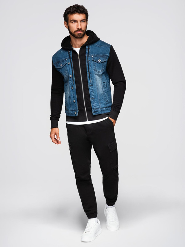 Ombre Clothing Pánská džínová bunda s pletenými rukávy a kapucí - modrá a černá V2 OM-JADJ-0220 Ombre Clothing