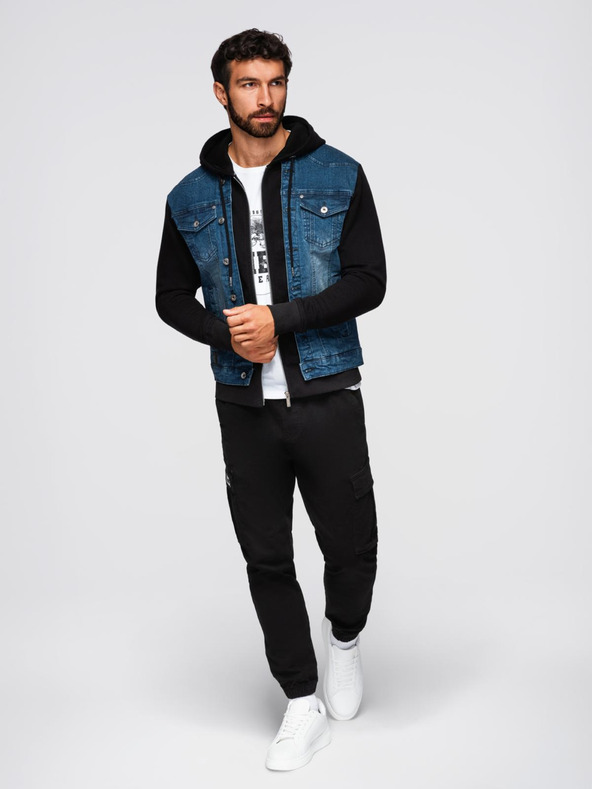 Ombre Clothing Pánská džínová bunda s pletenými rukávy a kapucí - modrá a černá V2 OM-JADJ-0220 Ombre Clothing