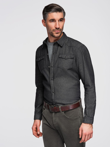 Ombre Clothing Pánská džínová košile na patentky s kapsami - černá V3 OM-SHDS-0210 Ombre Clothing