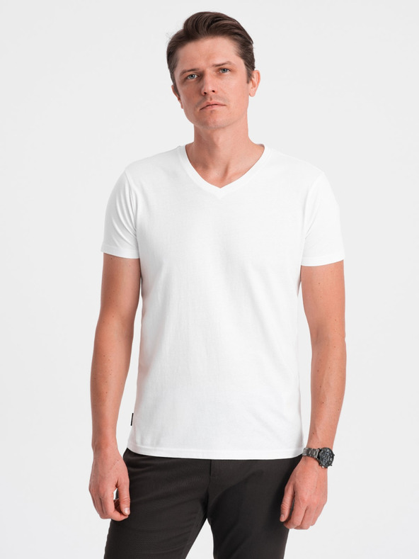 Ombre Clothing Pánské klasické bavlněné tričko BASIC s výstřihem do V - bílá V4 OM-TSBS-0145 Ombre Clothing