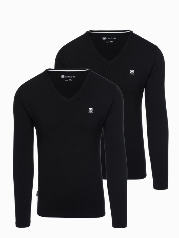 Ombre Clothing Pánská souprava SLIM FIT s dlouhým rukávem, véčkovým výstřihem a logem 2-pack - 2x černá V5 Z103 Ombre Clothing