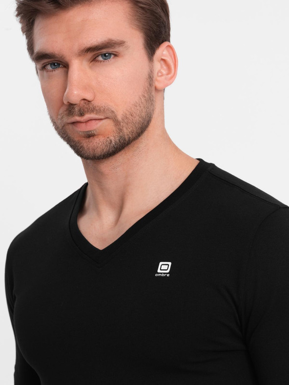 Ombre Clothing Pánská souprava SLIM FIT s dlouhým rukávem, véčkovým výstřihem a logem 2-pack - 2x černá V5 Z103 Ombre Clothing
